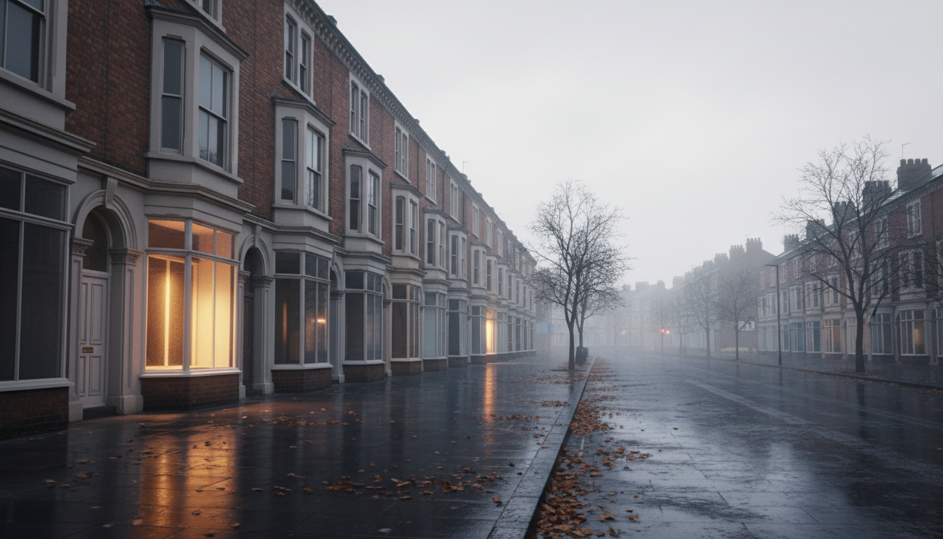 Quiet British high street with lit shopfronts on a wet autumn morning