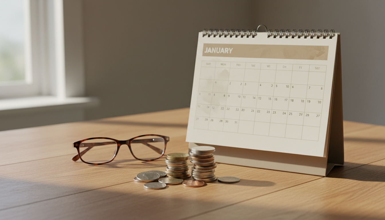 Coins, reading glasses and a blank calendar on a wooden kitchen table in morning light