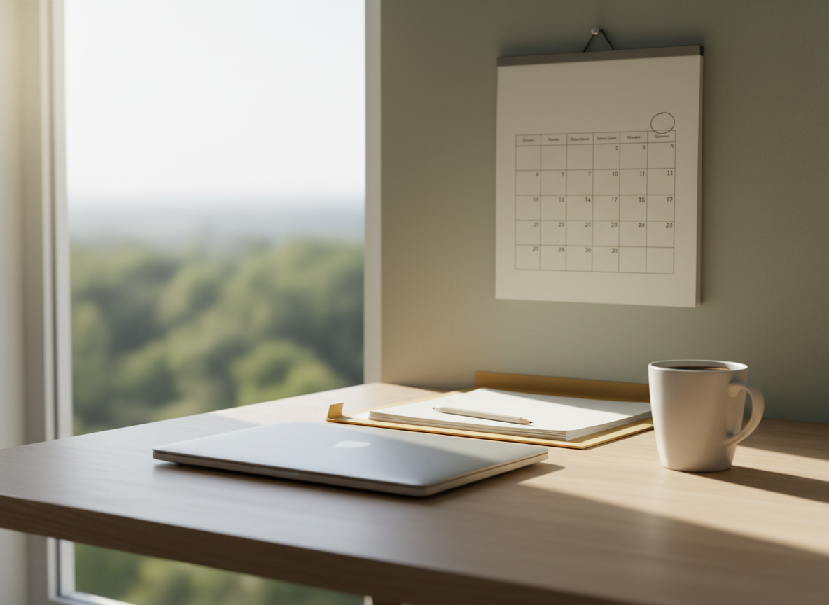 A tidy desk with a laptop, a paper calendar with one date circled, a folder of papers and a coffee mug in soft morning light
